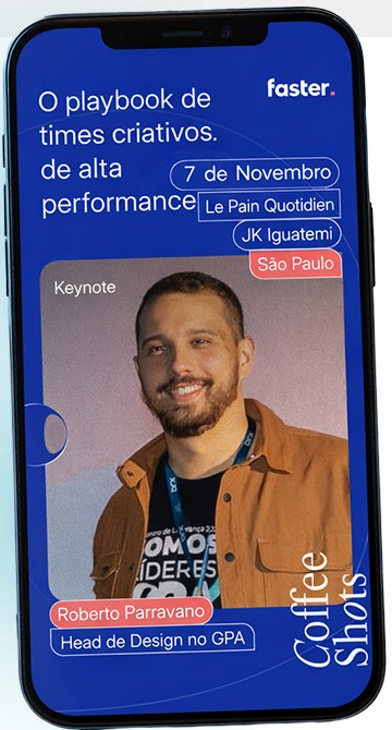 Divulgação do Coffee Shots da Faster com Roberto Parravano como keynote